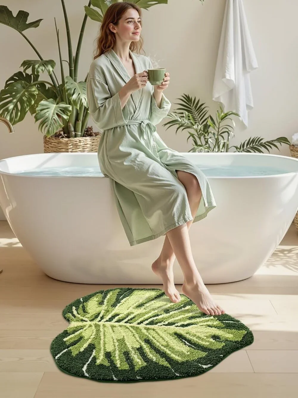 Leaf Bathroom Rugs Monstera, 23.5x31.5 Soft Fluffy Cute Bath Mat with Non Slip B